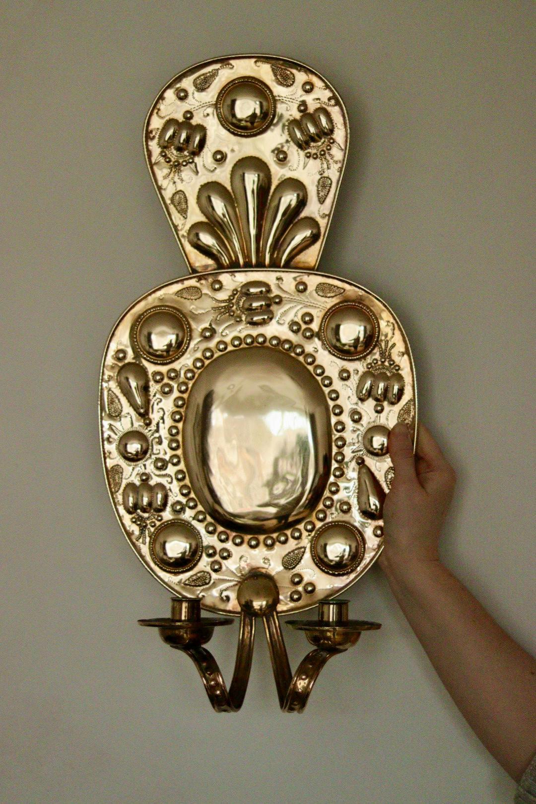 Pair of Large  Mid Century Swedish  Brass Baroque Sconces with double arm Design