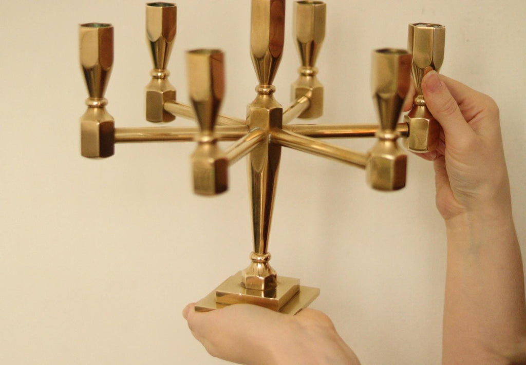 Swedish Vintage Brass Seven Arm Candelabra By Gusum