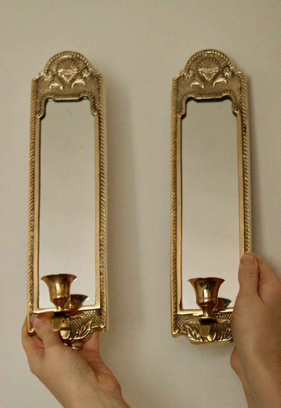 Pair of Mid-Century Swedish Brass Sconces with Mirror