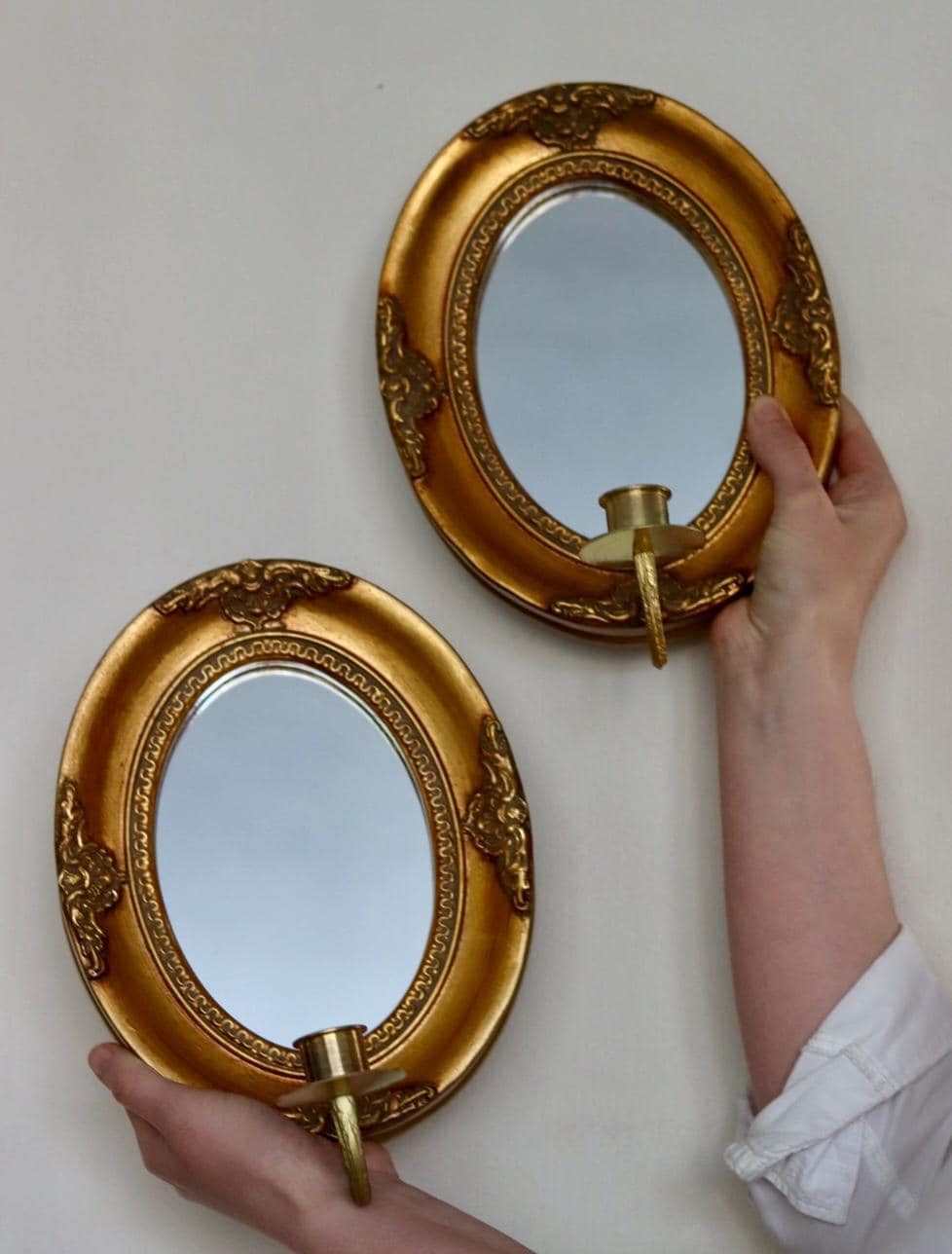 Pair of Vintage Swedish Gilded Wooden Sconces with Mirror