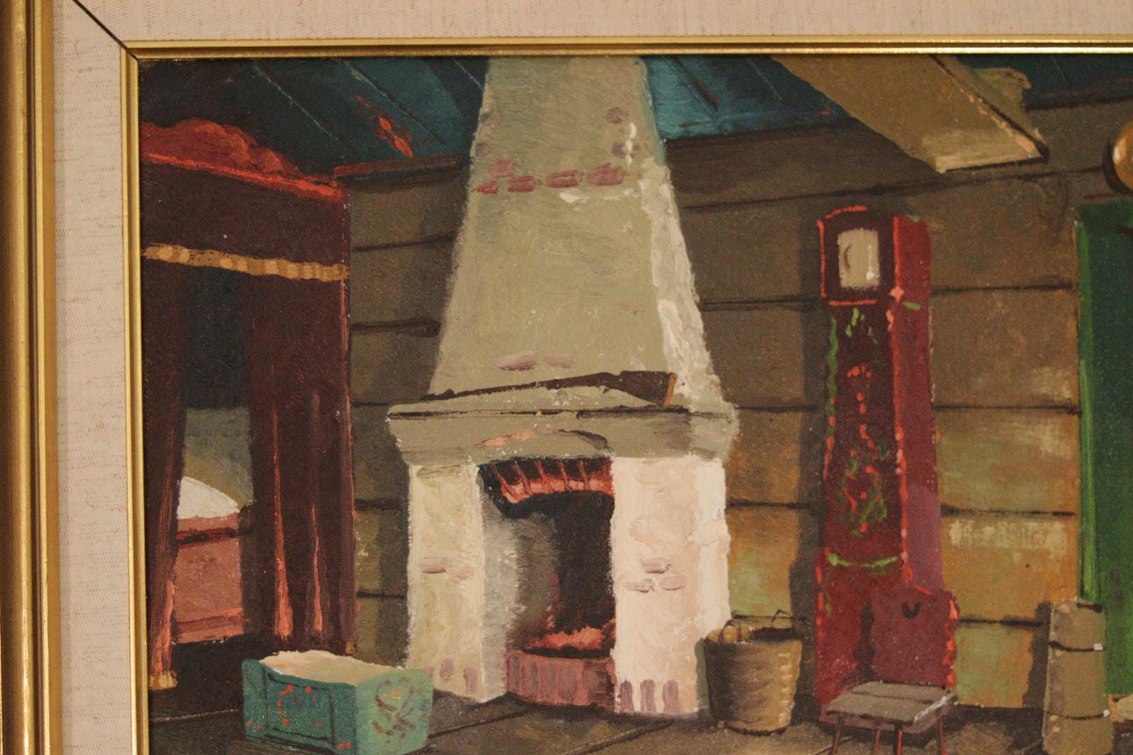 Original Mid-Century Swedish Oil On Canvas – Kitchen Fireplace