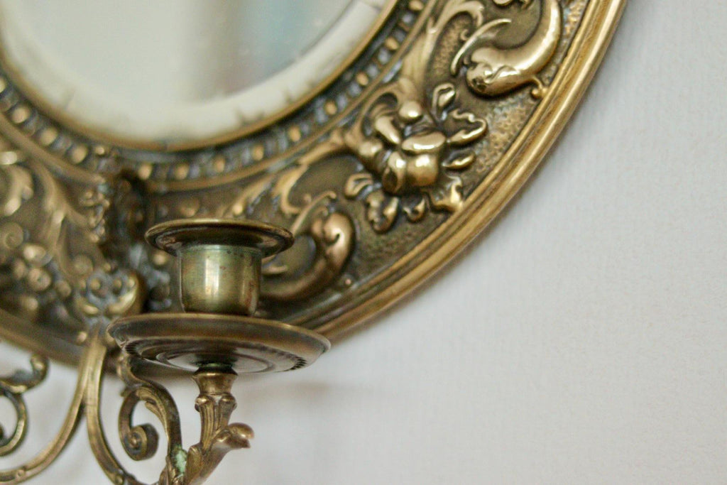 Pair of Antique Swedish Brass Sconces with Mirror
