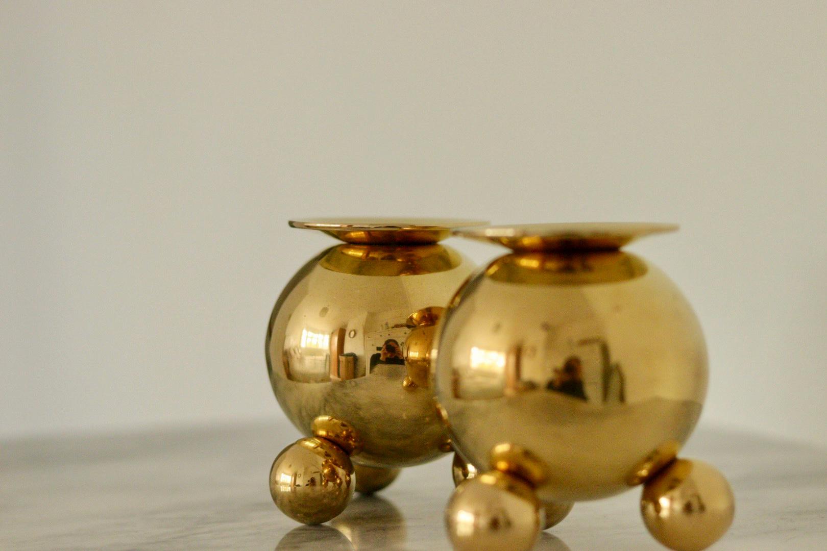 Pair of Mid-Century Swedish Heavy Brass Candle Holders by Gusum