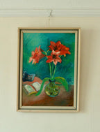 Original Mid Century Oil on Board – “Still Life with Flowers, Book and Object”