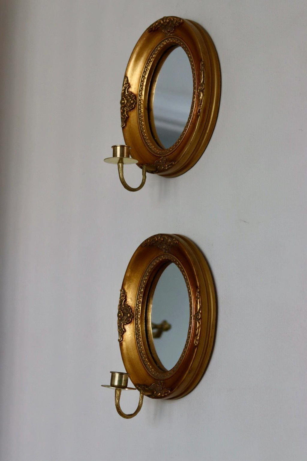 Pair of Vintage Swedish Gilded Wooden Sconces with Mirror
