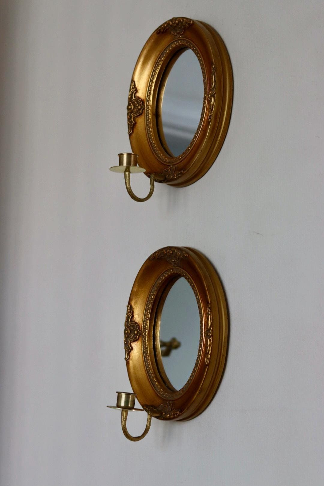 Pair of Vintage Swedish Gilded Wooden Sconces with Mirror