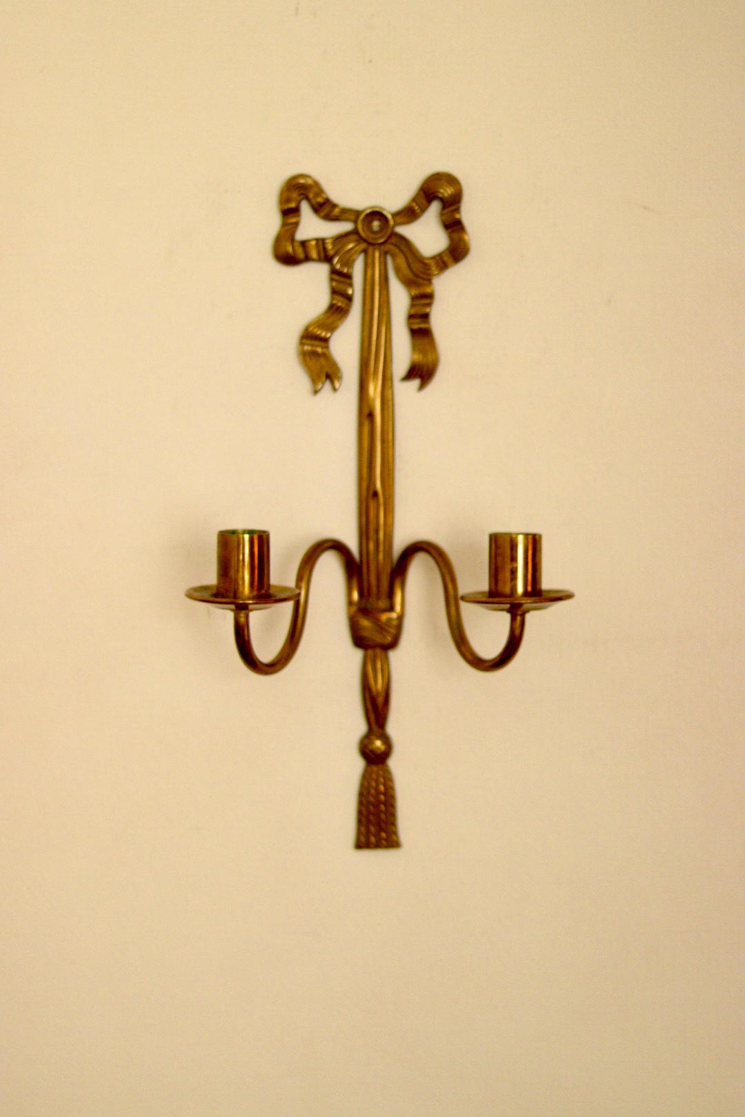 Pair of Vintage French Brass Double Arm Bow Sconces