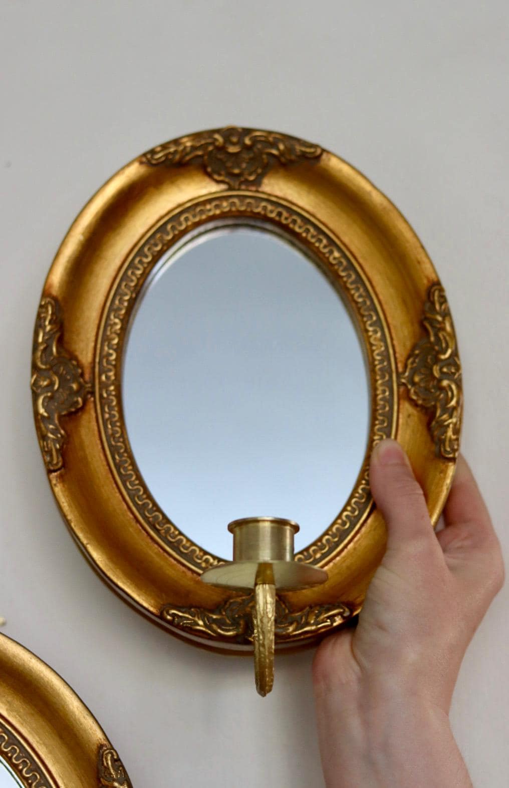 Pair of Vintage Swedish Gilded Wooden Sconces with Mirror