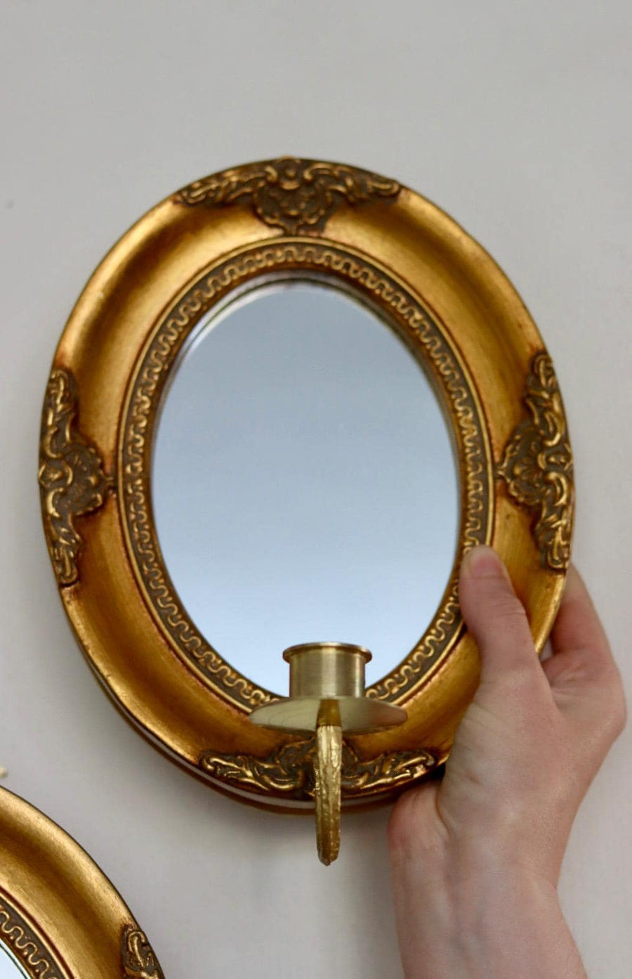 Pair of Mid Century Swedish Gilded Wooden Sconces with Mirror