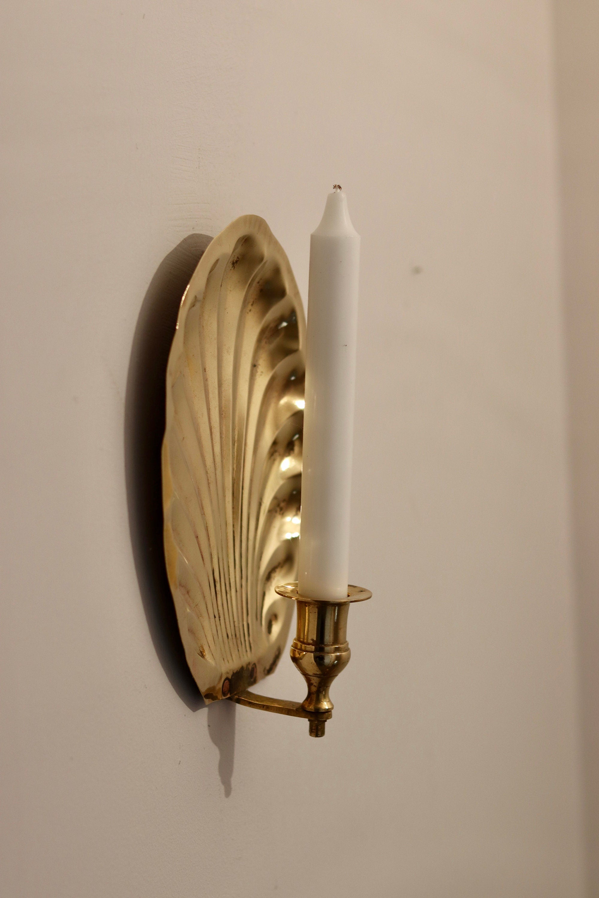 Pair of Vintage Brass Sconces with Scallop Detail