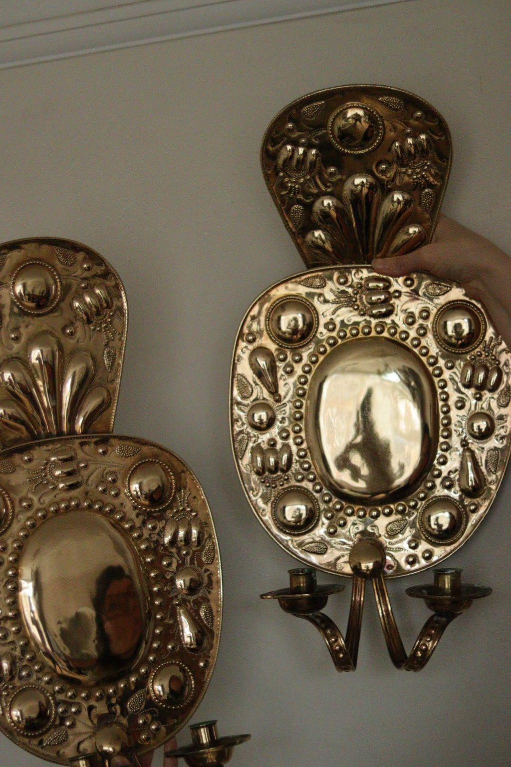 Pair of Large  Mid Century Swedish  Brass Baroque Sconces with double arm Design