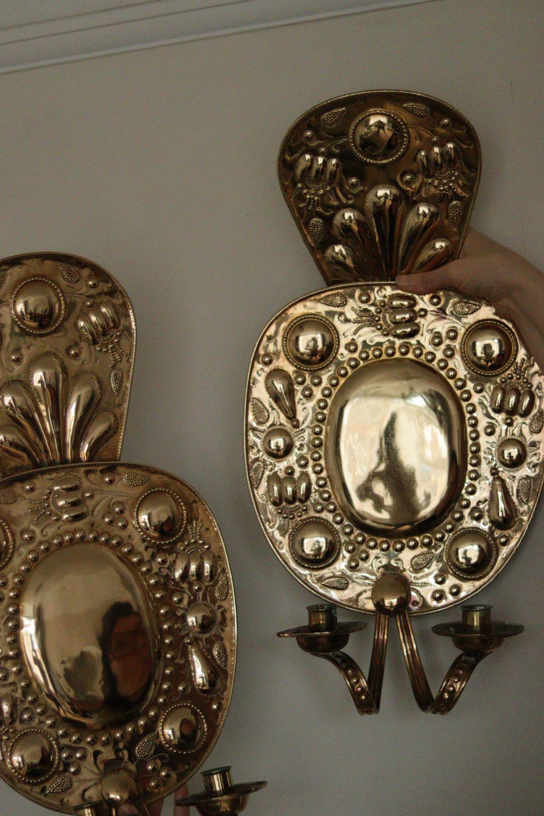 Pair of Large  Mid Century Swedish  Brass Baroque Sconces with double arm Design