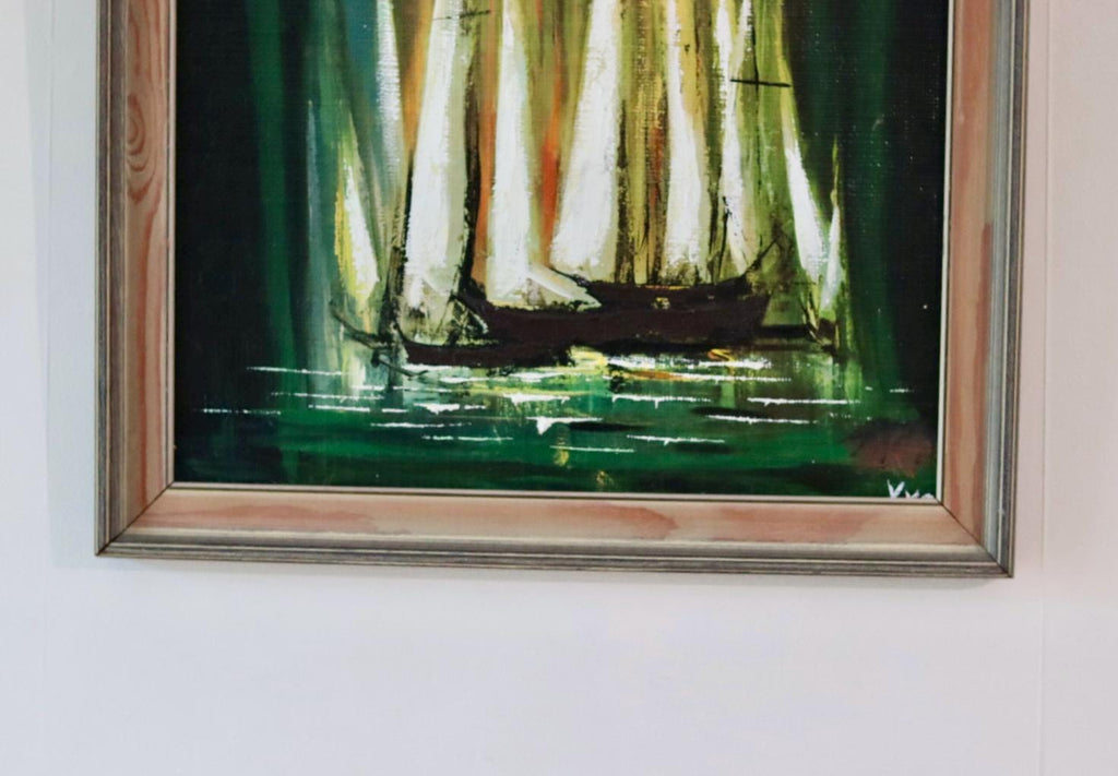 Mid-20th Century Original Oil on Canvas – Boats
