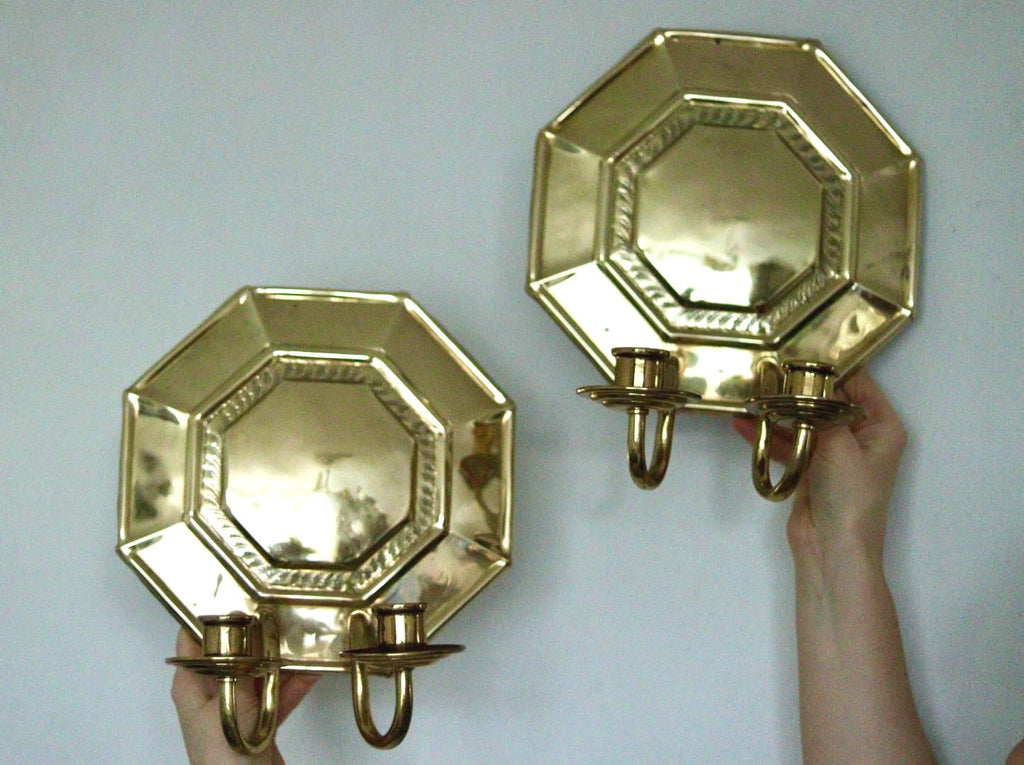 Pair of  Swedish Brass Octagonal Sconce with double arm Design