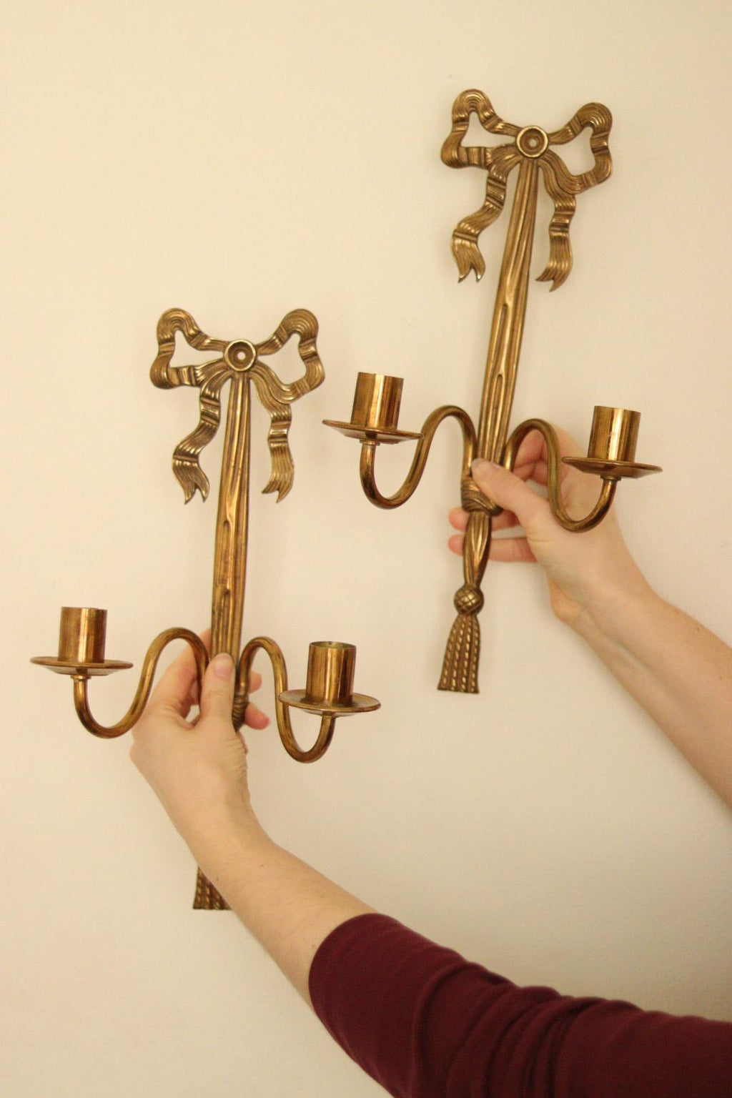 Pair of Vintage French Brass Double Arm Bow Sconces
