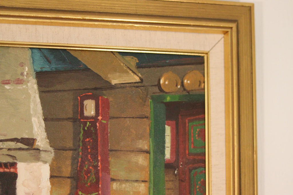 Original Mid-Century Swedish Oil On Canvas – Kitchen Fireplace