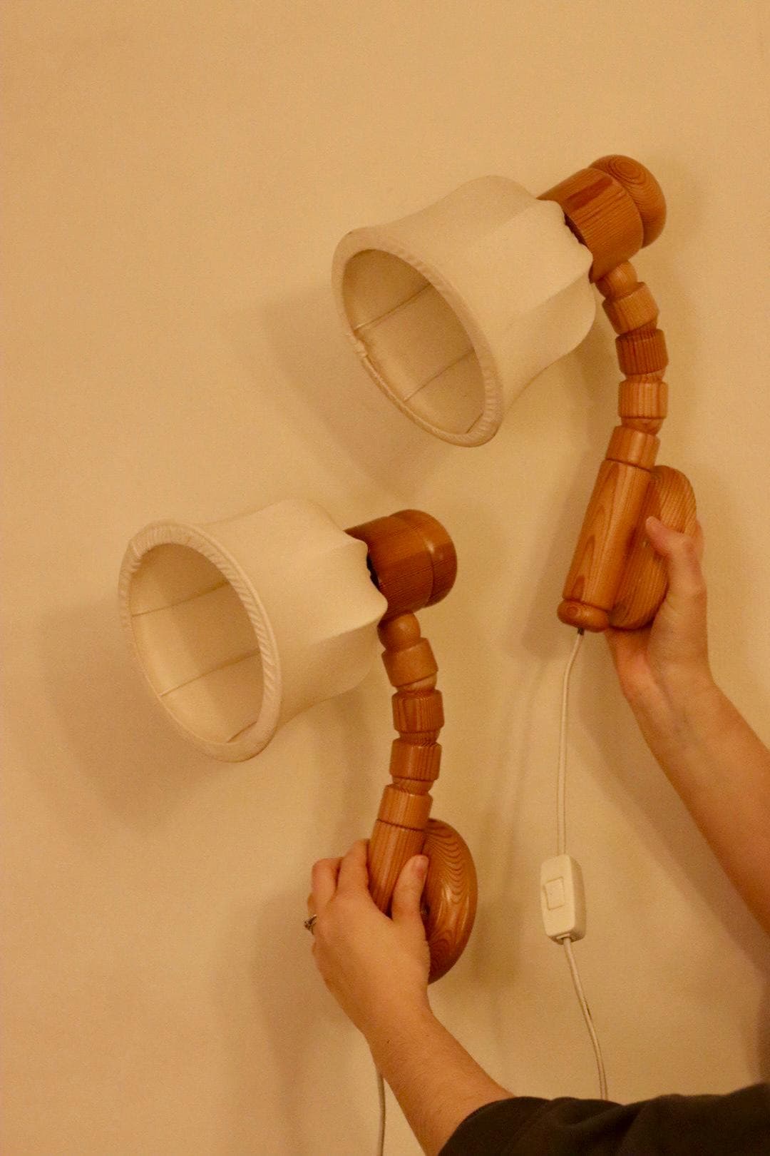 Pair of Vintage Wall Lamps by Solbackens Svarveri, Sweden, 1970s - Pine Wood