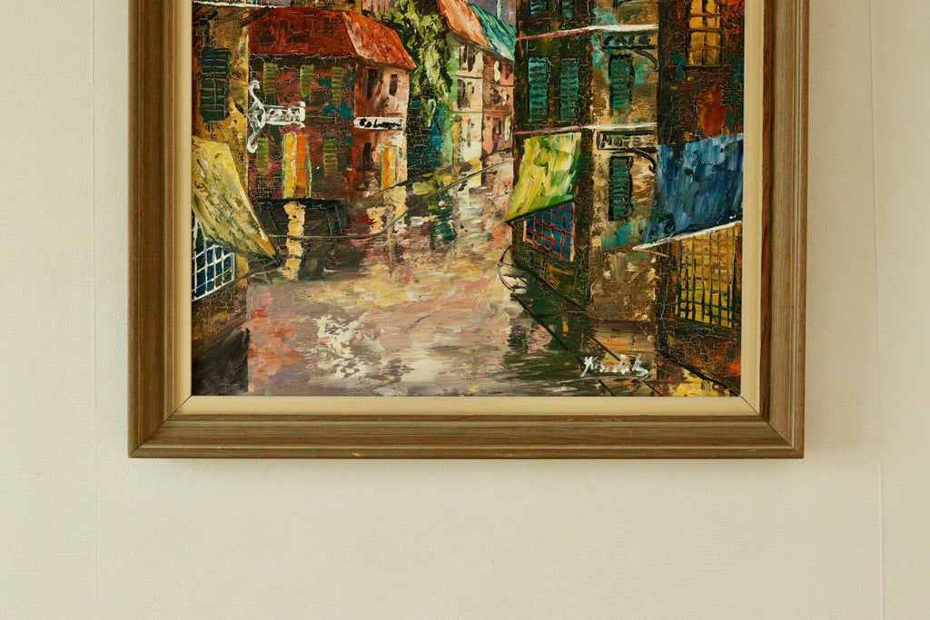 Mid-Century Original Swedish Oil on Canvas "French Street Scene
