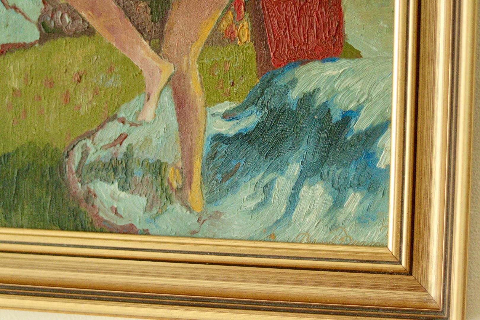 Original Swedish Oil on Panel Painting – Nude in Colourful Interior