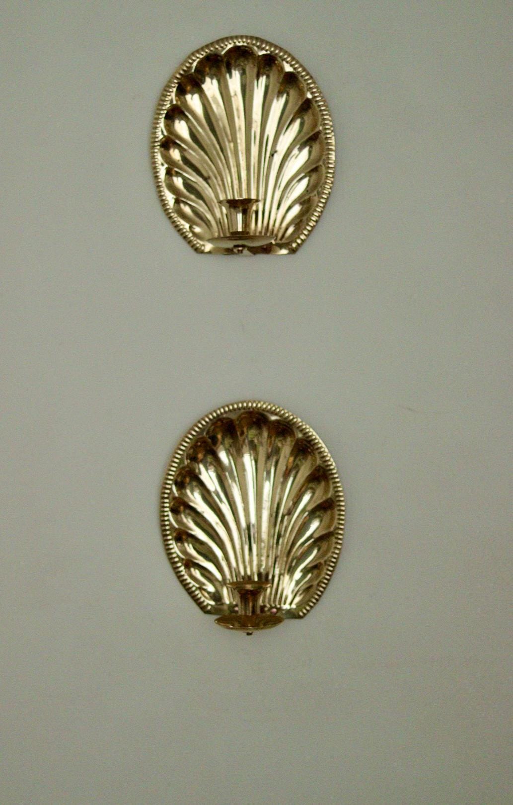 Pair of Vintage Brass Sconces with Scallop Detail