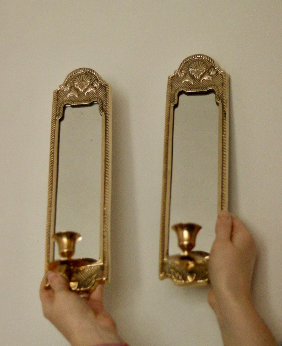 Pair of Mid-Century Swedish Brass Sconces with Mirror