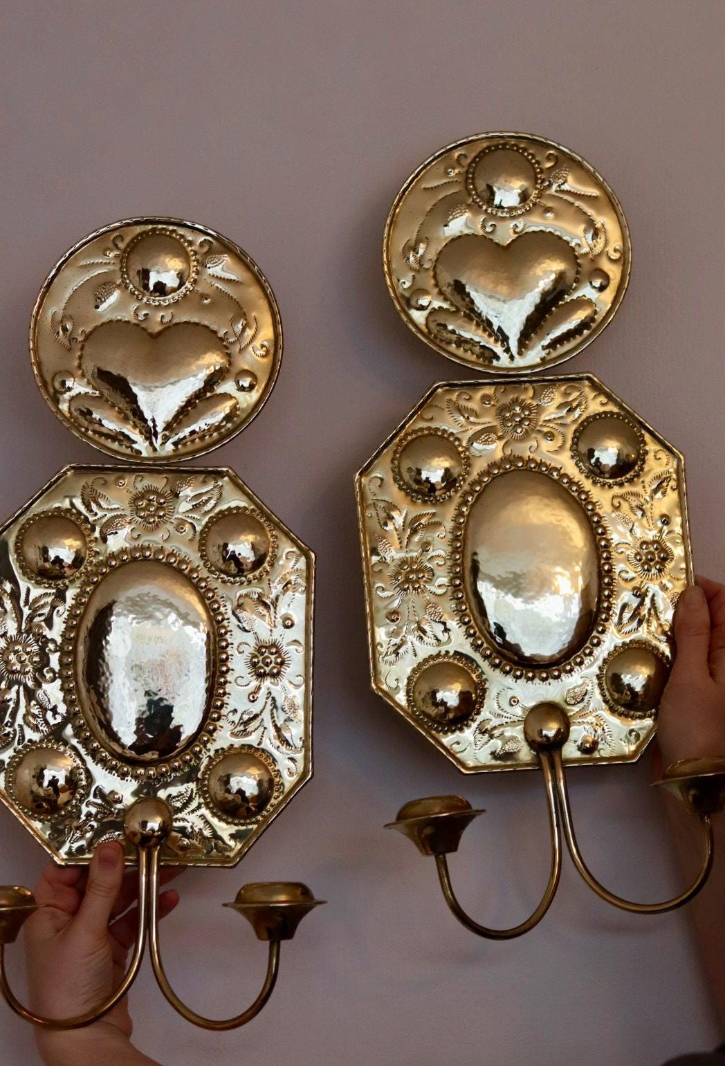 A Pair Large baroque Style Mid Century Swedish Brass Sconces