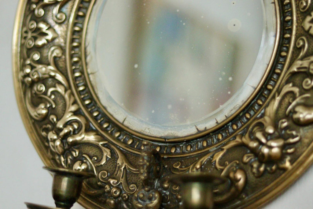 Pair of Antique Swedish Brass Sconces with Mirror