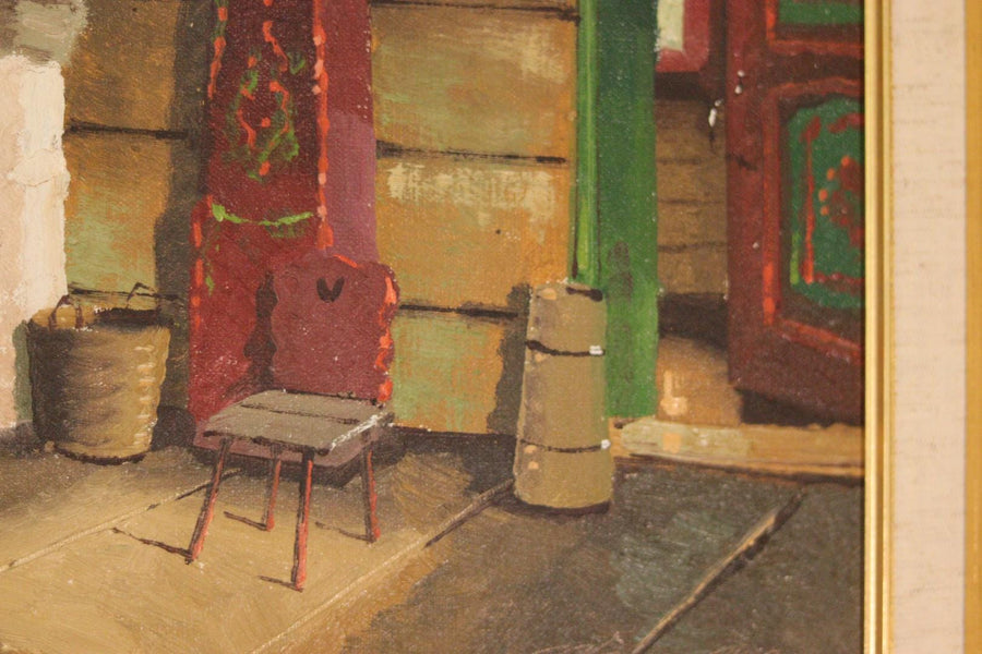 Original Mid-Century Swedish Oil On Canvas – Kitchen Fireplace