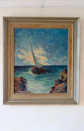 Mid-20th Century Original Oil on Panel – Ship at Sea