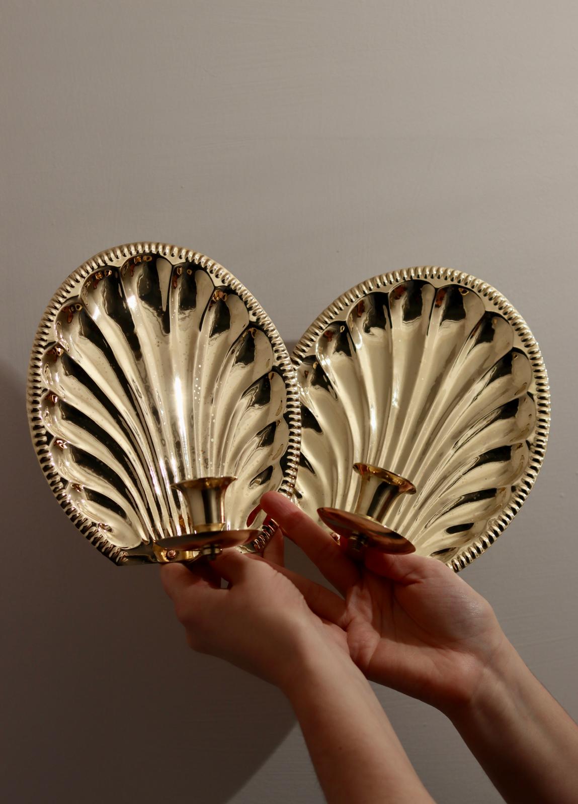 Pair of Vintage Brass Sconces with Scallop Detail