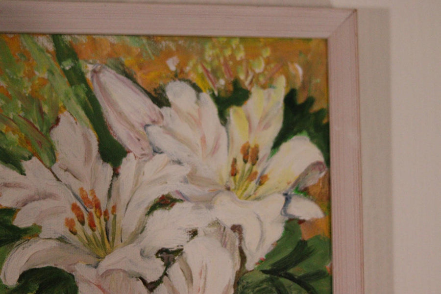 Original Mid-Century Swedish Oil On Panel – White Lilies