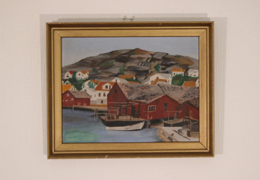 Original Mid-Century Swedish Oil On Panel – Coastal Town
