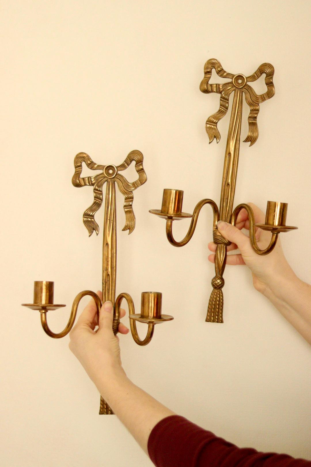 Pair of Vintage French Brass Double Arm Bow Sconces