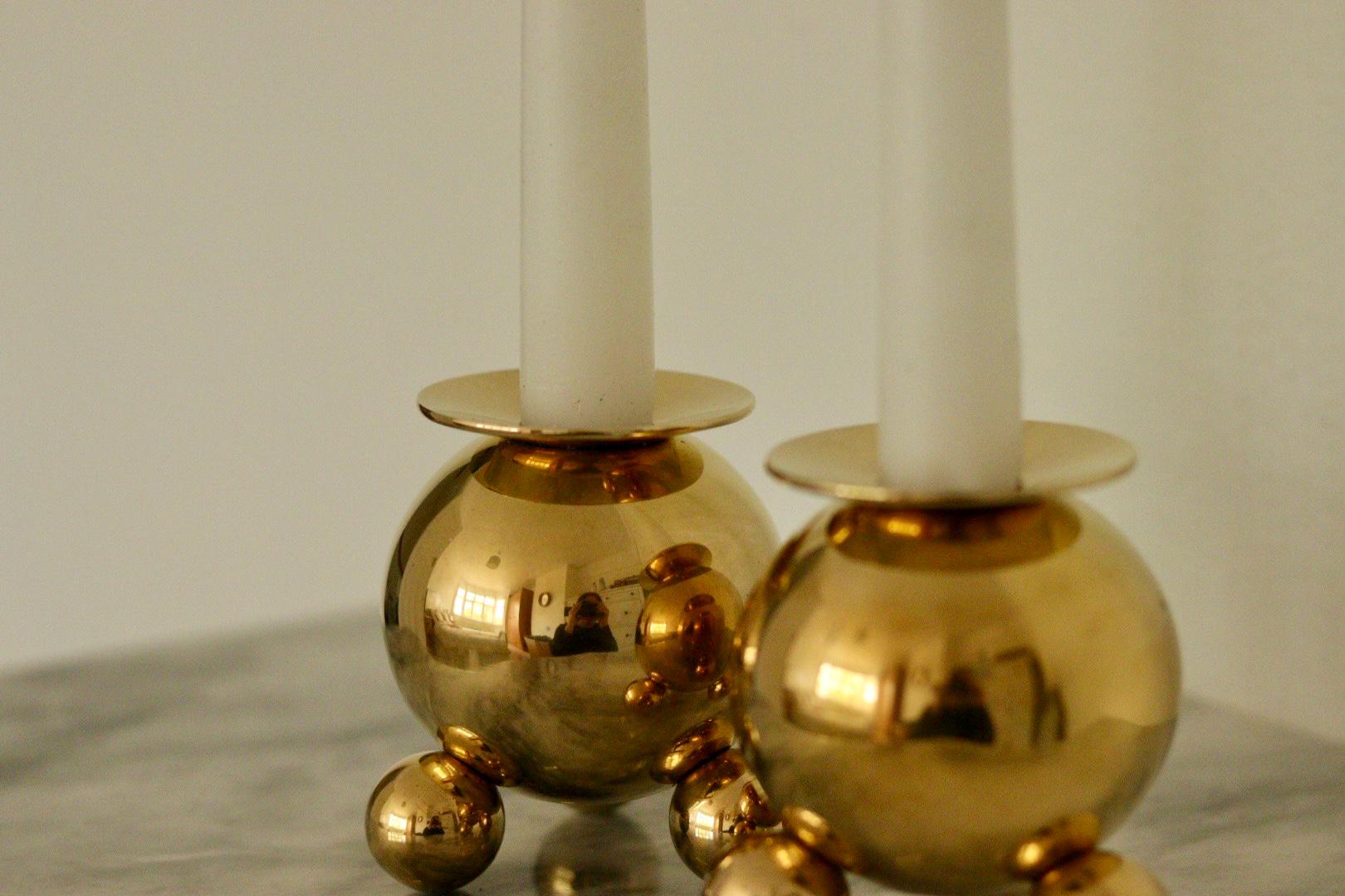 Pair of Mid-Century Swedish Heavy Brass Candle Holders by Gusum
