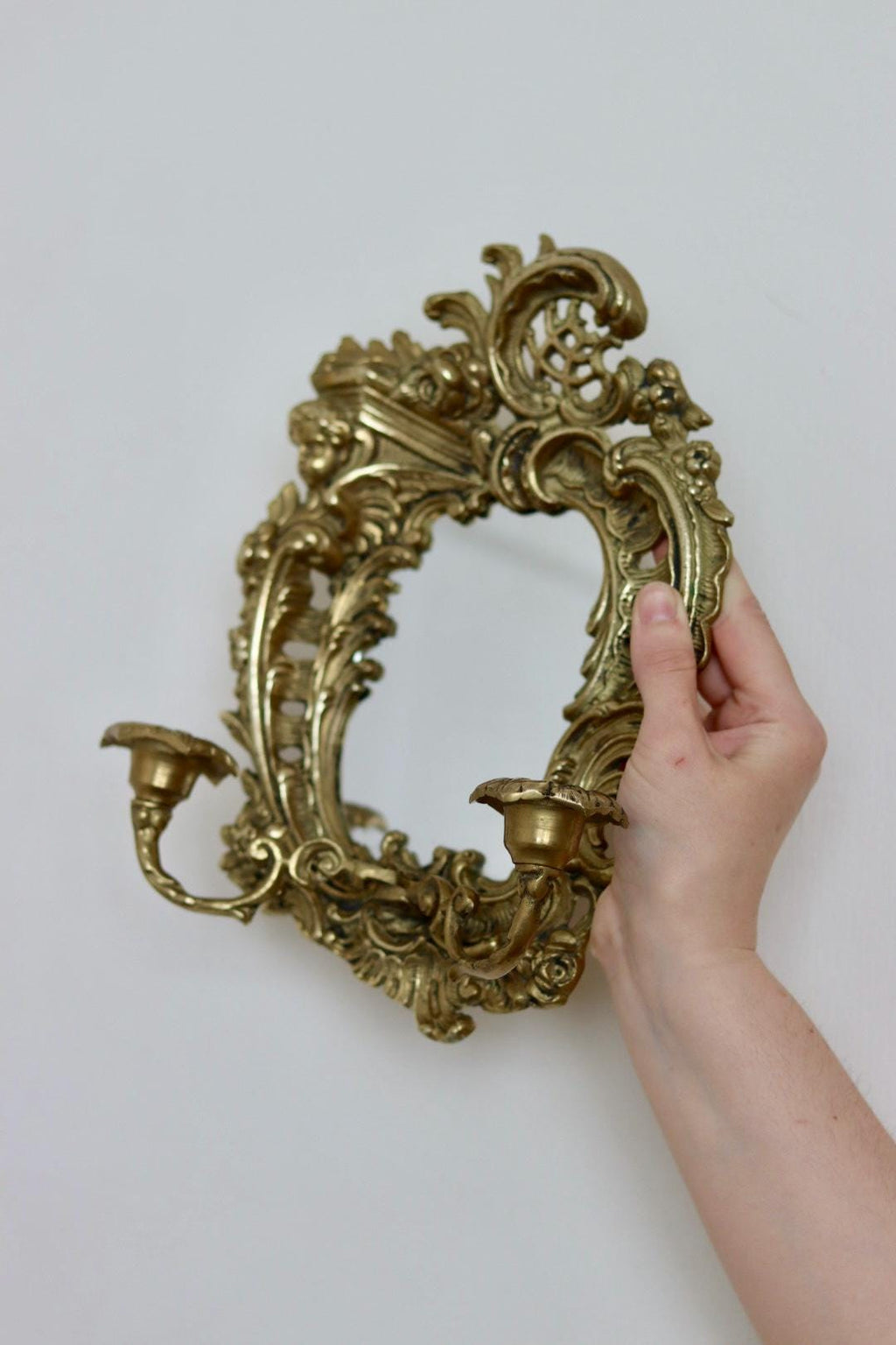 Pair of Swedish Brass Sconces with Mirror