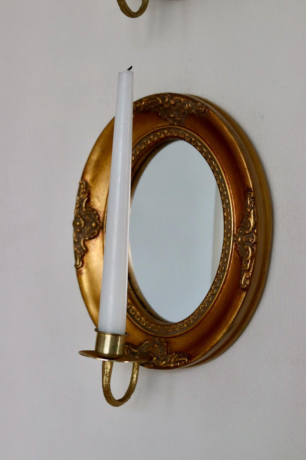 Pair of Vintage Swedish Gilded Wooden Sconces with Mirror