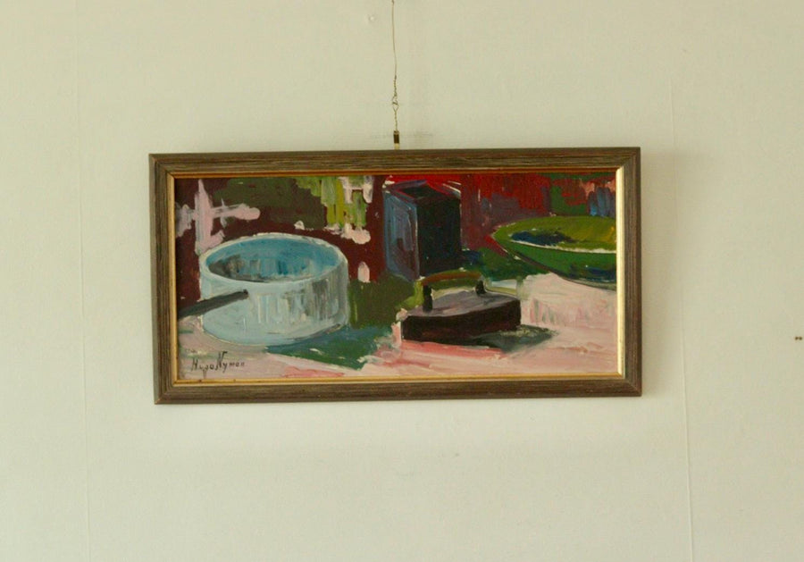Original Swedish Oil on Panel Still Life with Iron and Pot by Hugo Nyman
