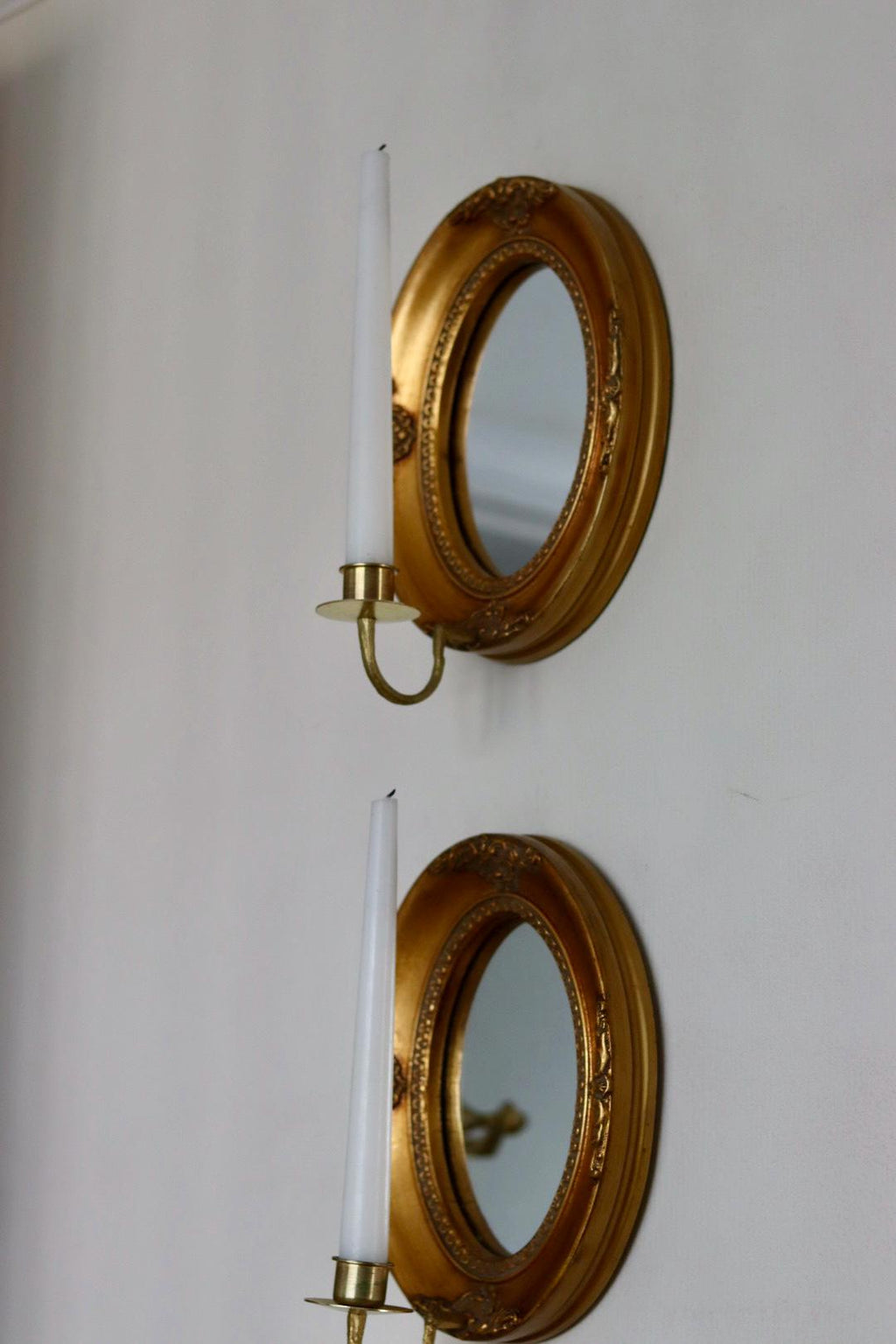 Pair of Vintage Swedish Gilded Wooden Sconces with Mirror