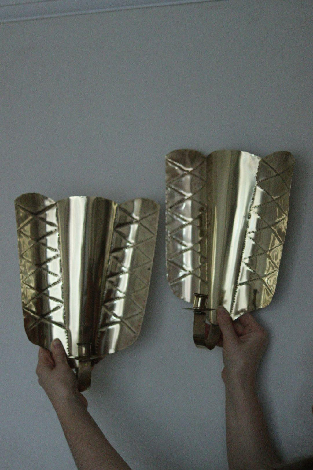 Pair of Mid-Century Swedish Brass Shield Shape Sconces