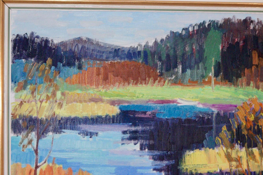 Mid-Century Original Swedish Oil on Canvas "By the Lake  " by Gustaf. Höglund