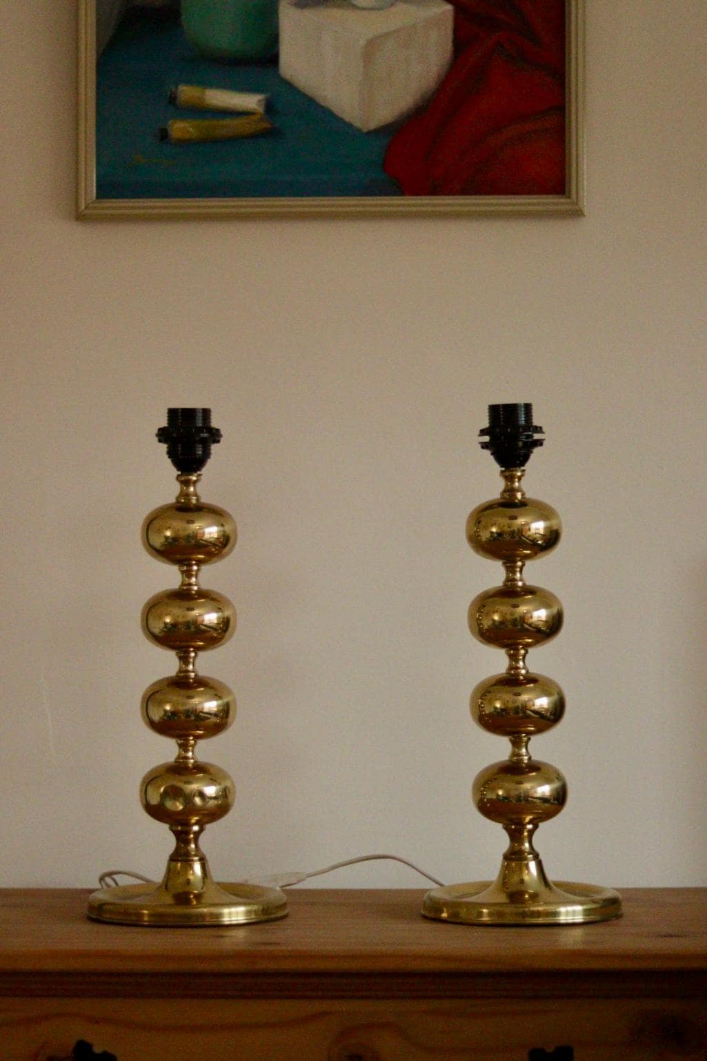 Pair of Tall Mid Century Swedish Brass Bobbin lamps by Aneta