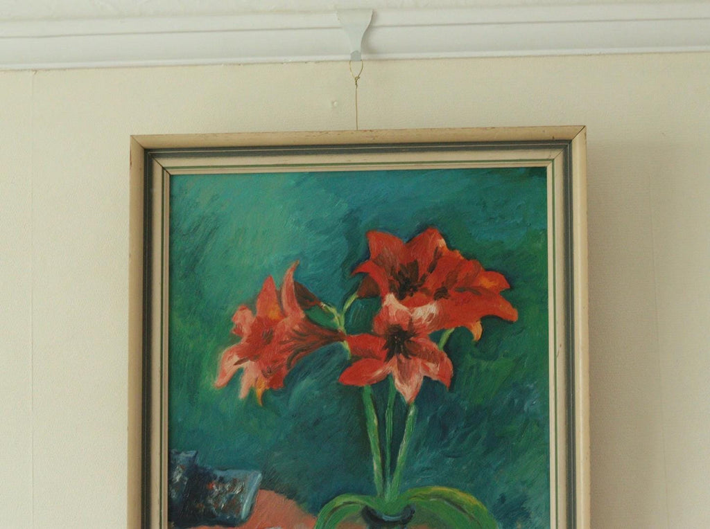 Original Mid Century Oil on Board – “Still Life with Flowers, Book and Object”