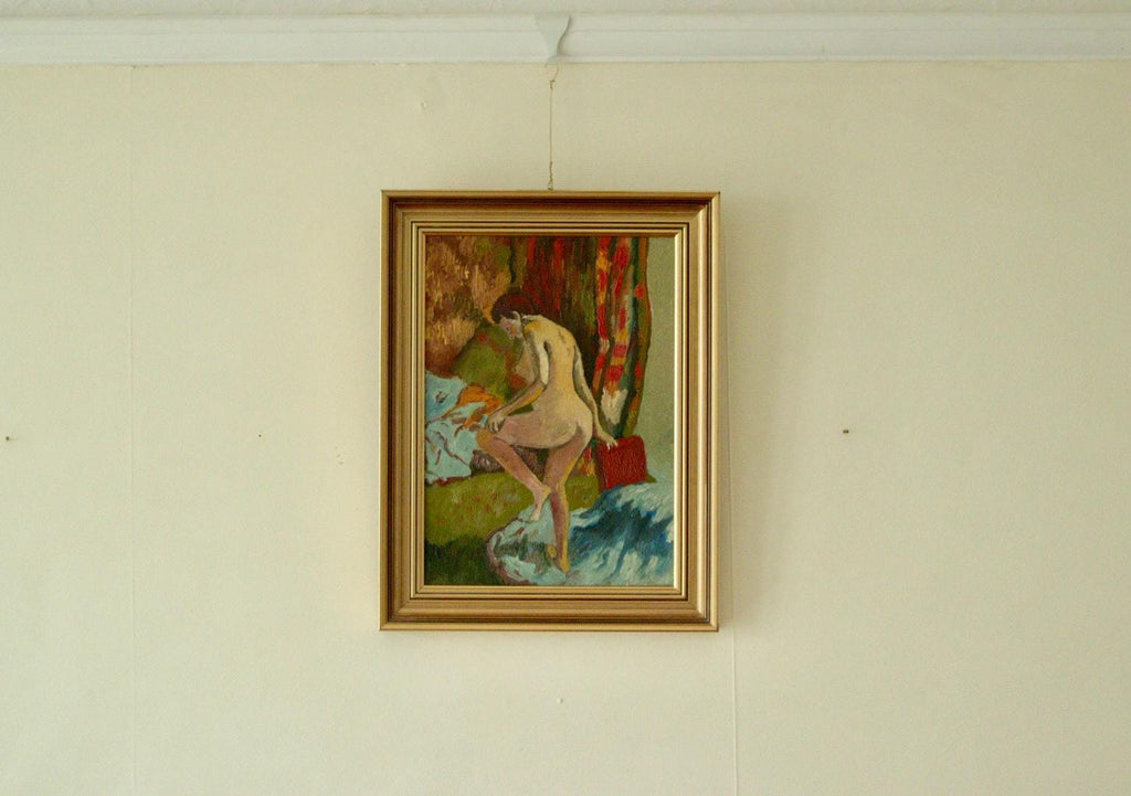 Original Swedish Oil on Panel Painting – Nude in Colourful Interior