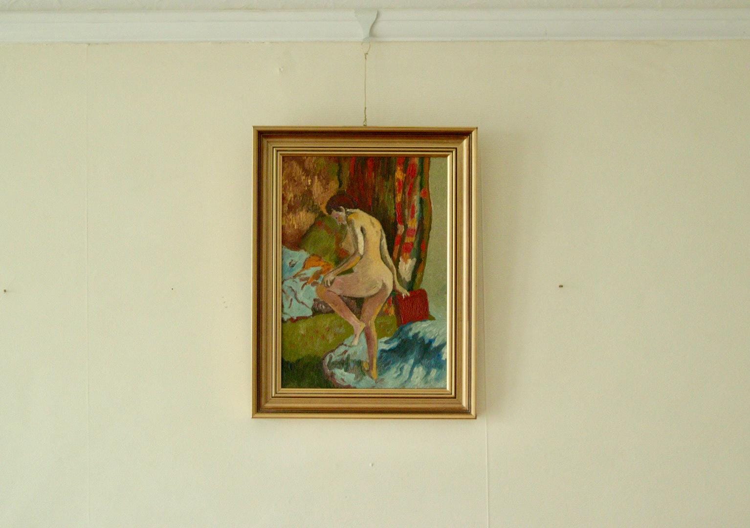 Original Swedish Oil on Panel Painting – Nude in Colourful Interior