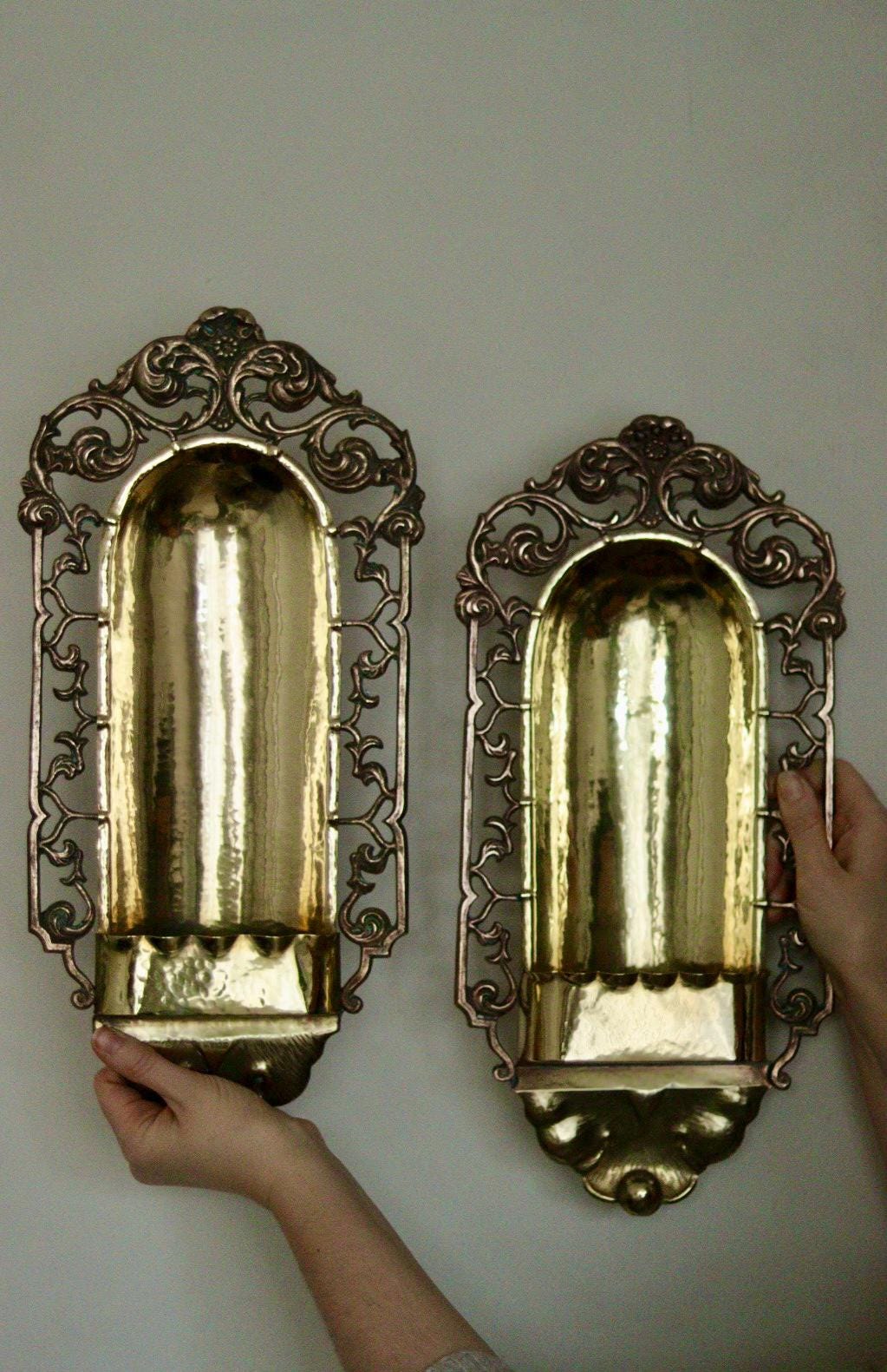 Pair of Antique Swedish Art Craft Copper & Brass Sconces