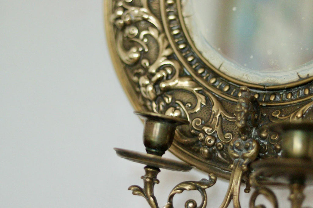 Pair of Antique Swedish Brass Sconces with Mirror