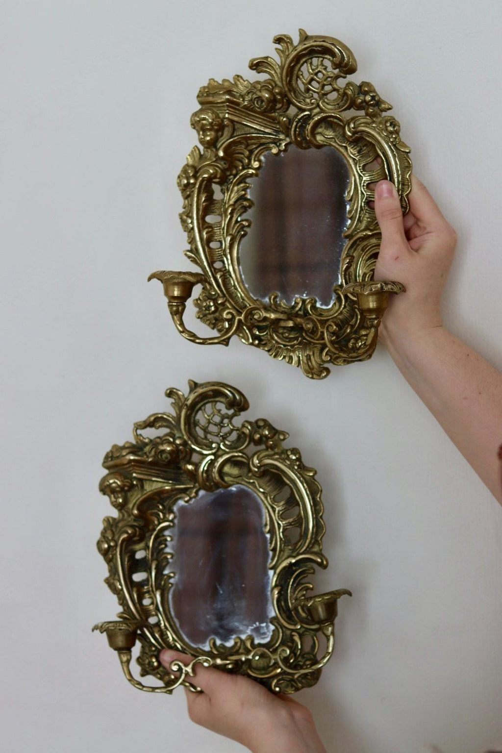 Pair of Swedish Brass Sconces with Mirror