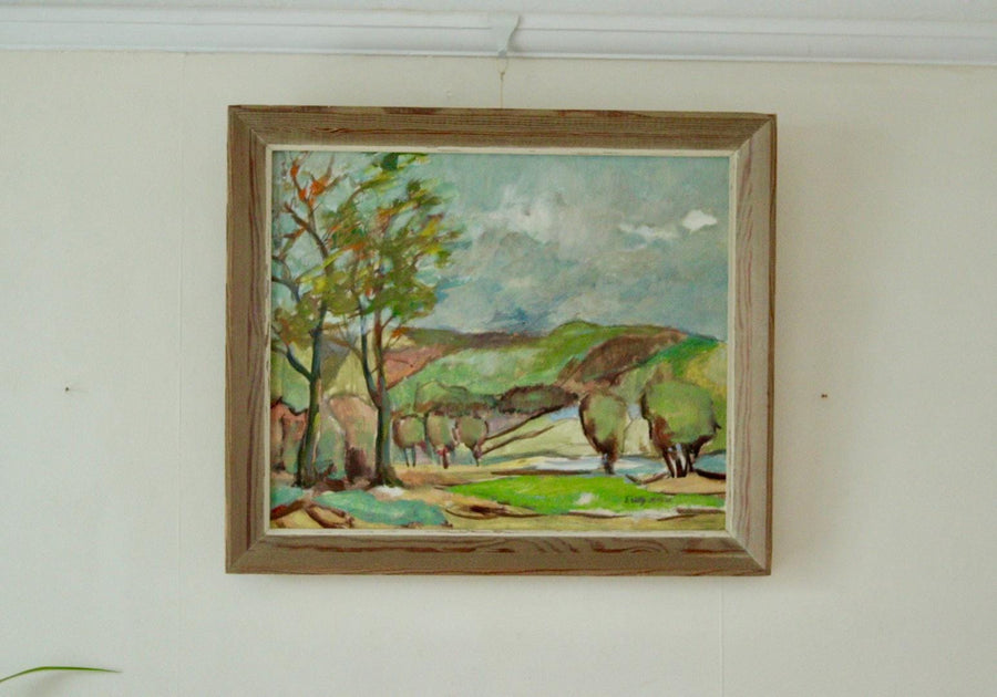 Mid-Century Original Swedish Oil on Panel " Landscape with Trees"