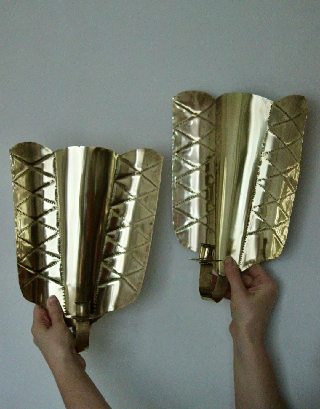 Pair of Mid-Century Swedish Brass Shield Shape Sconces