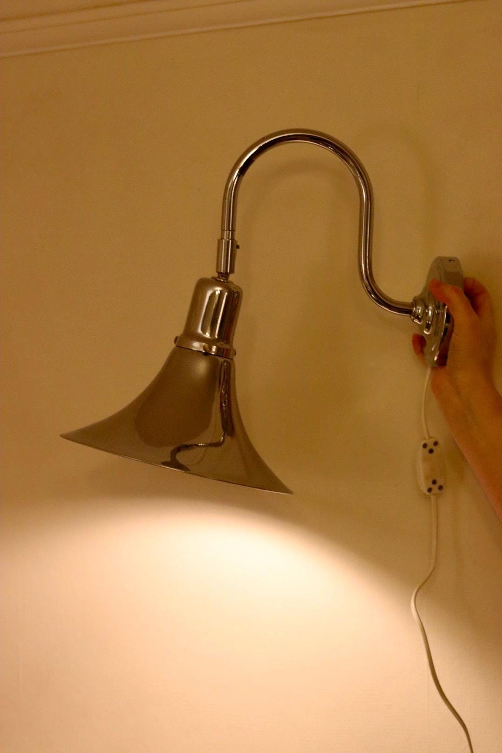 Danish 1960's Pair of Statement Trump Shape Lights in Chrome, designed by Börje Claes for Norlett Elit.